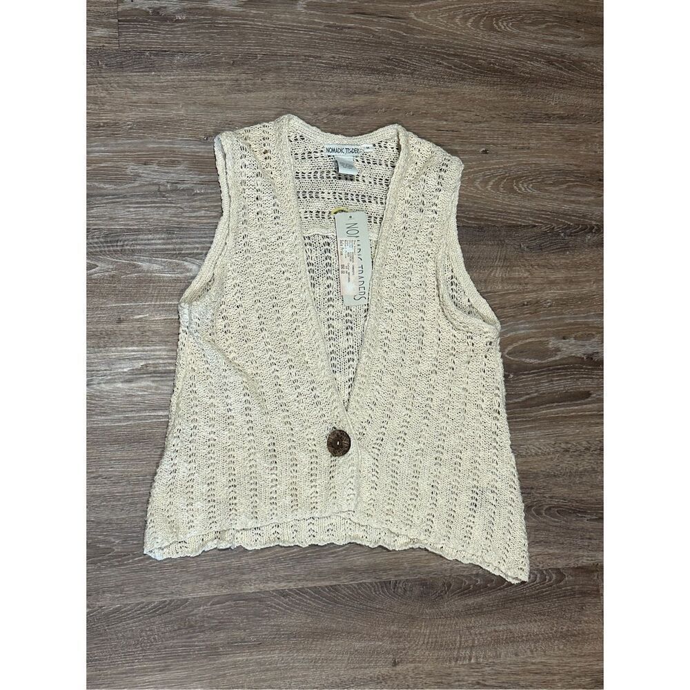 Nomadic Traders boho hippie crochet sweater vest shrug M tan new